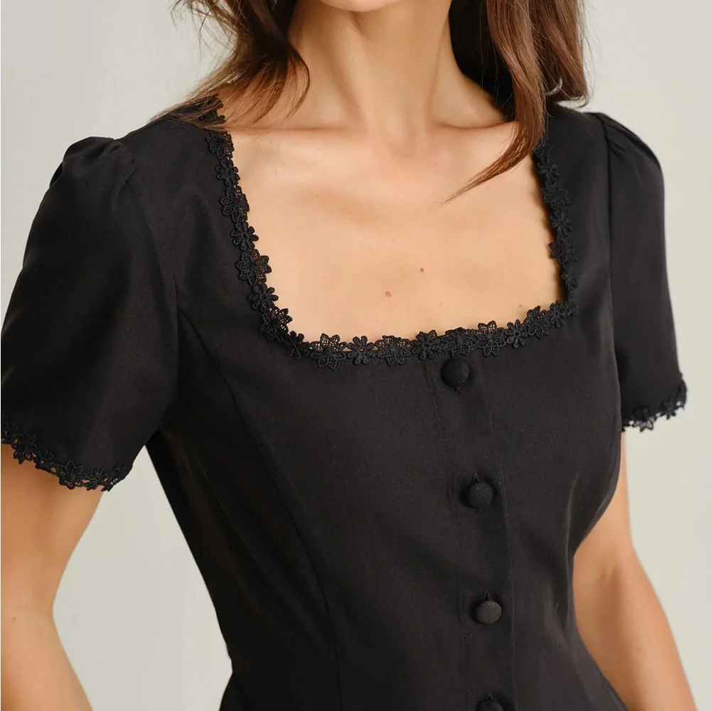Black Square Neck Button Mini Dress - Picture 3 of 6